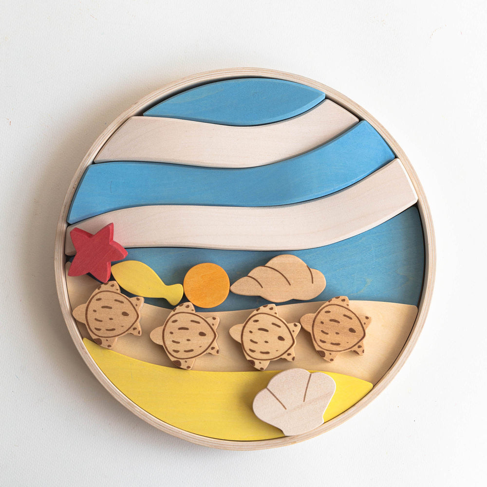 A wooden puzzle toy featuring colorful layers and turtle figures on a round carrying tray.