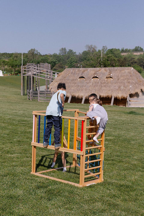 There are three kids playing on the wooden rainbow climber.  